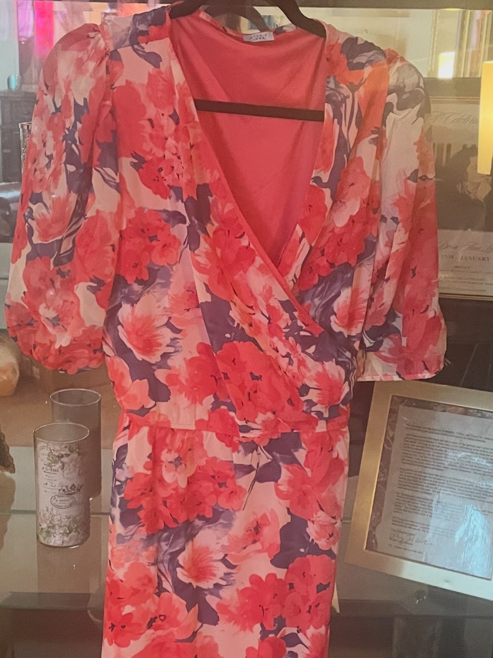 Avon Coral and Purple Floral Wrap Midi Dress